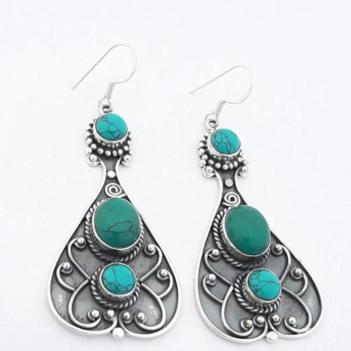 Tibetan Style Drop Earrings, with Turquoise, antique silver color plated, fashion jewelry & for woman, 47mm, Sold By Pair