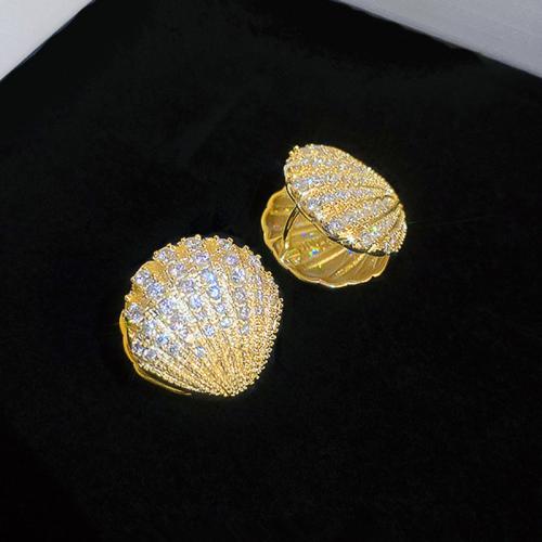 Boucles d'oreilles en laiton zircon cubique pavent, coquille, bijoux de mode & pavé de micro zircon & pour femme, 13x5mm, Vendu par paire