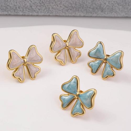 Stainless Steel Stud Earrings 304 Stainless Steel Bowknot gold color plated fashion jewelry & enamel golden Sold By Pair