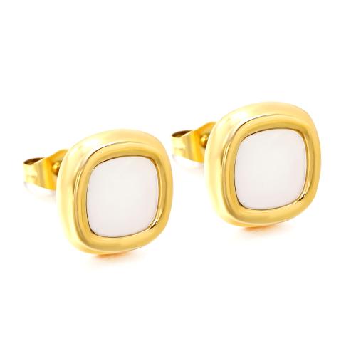 Stainless Steel Stud Earrings, 304 Stainless Steel, with White Shell, gold color plated, fashion jewelry & for woman, Sold By Pair