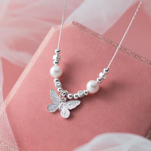 Collares de Plata Esterlina, plata de ley 925, con Perlas plásticas, con 5CM extender cadena, Mariposa, para mujer, plateado, longitud:aproximado 40 cm, Vendido por UD