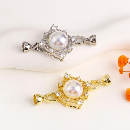 Brass Jewelry Clasps, with Plastic Pearl, Butterfly, plated, DIY & micro pave cubic zirconia, more colors for choice, 48x24.20mm, Sold By PC