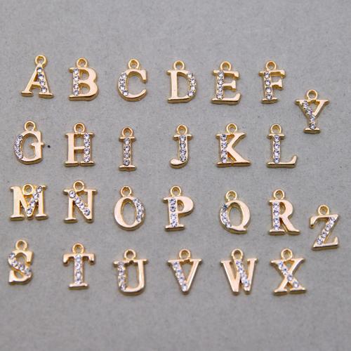 Colgantes de Aleación de Zinc en Forma Alfabeto, chapado, Letras son de la A la Z & Bricolaje & diferentes estilos para la opción & micro arcilla de zirconia cúbica, dorado, 13x10x3mm, 50PCs/Bolsa, Vendido por Bolsa