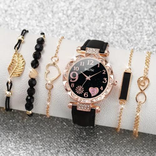 alliage de zinc Set de bracelet, montre & Bracelet, avec cuir PU & verre & Acier inoxydable 304, Placage, 6 pièces & styles différents pour le choix & pour femme & avec strass, Longueur:Environ 15-24 cm, Vendu par fixé