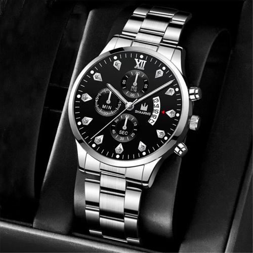 alliage de zinc bracelet de montre, avec cuir PU & verre & Acier inoxydable 304, Rond, Placage, mouvement chinoise & styles différents pour le choix & pour homme & avec strass, Vendu par PC