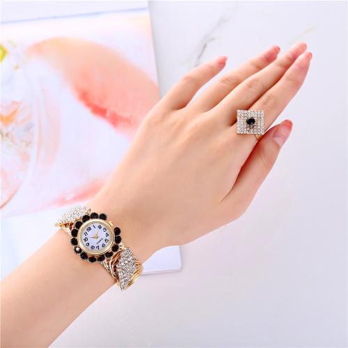 Tibetan Style Jewelry Set, watch & finger ring, with Glass & 304 Stainless Steel, plated, 2 pieces & Chinese movement & for woman & with rhinestone, more colors for choice, US Ring Size:6-8, Sold By Set