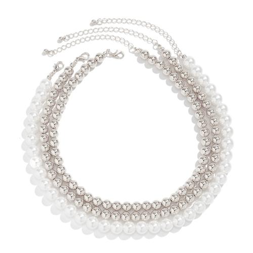 Collier de perles en plastique, perle de plastique, avec plastique revêtu de cuivre, avec 7cm chaînes de rallonge, trois couches & bijoux de mode & pour femme, Longueur:Environ 35 cm, Vendu par fixé