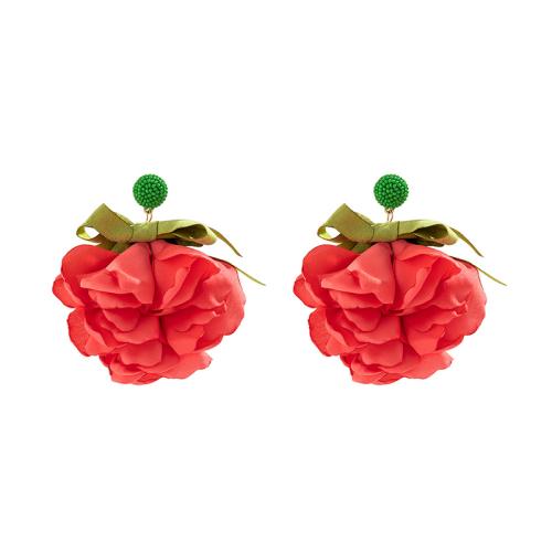 Bijoux boucles d'oreilles, tissu, fleur, bijoux de mode & pour femme, rouge, 100x90mm, Vendu par paire