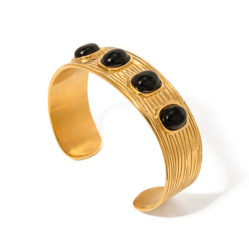 Stainless Steel Bangle, 304 Stainless Steel, with Black Agate, Vacuum Ion Plating, fashion jewelry & for woman, golden, 19.60mm, Inner Diameter:Approx 63.8mm, Sold By PC