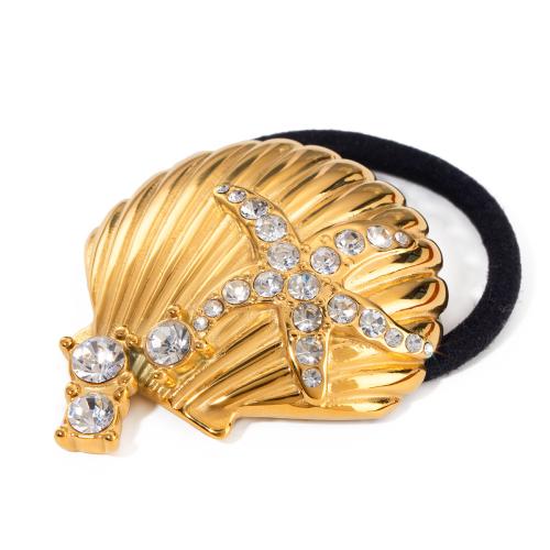 Ponytail Holder 304 Stainless Steel with Rubber Band Shell Vacuum Ion Plating fashion jewelry & for woman & with rhinestone golden Sold By PC