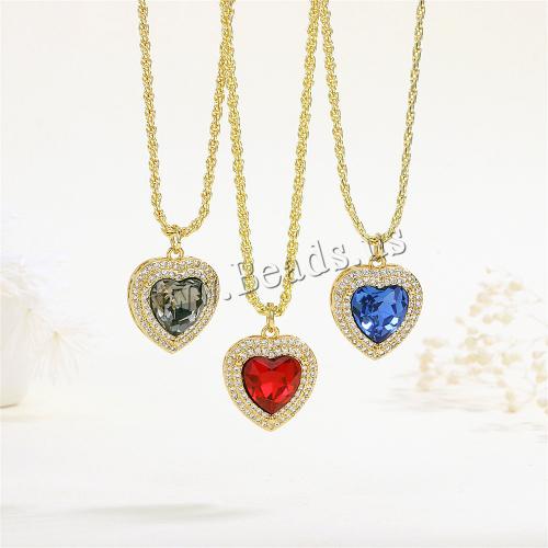 Brass Necklace, with Cubic Zirconia, with 5CM extender chain, Heart, plated, for woman, more colors for choice, nickel, lead & cadmium free, 16x22mm, Length:45 cm, Sold By PC