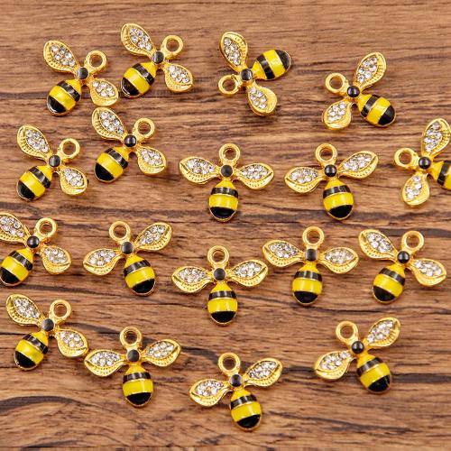 Pendentifs animaux en alliage de zinc, abeille, Placage, DIY & émail & avec strass, Jaune, protéger l'environnement, sans nickel, plomb et cadmium, 100PC/sac, Vendu par sac