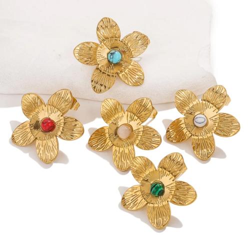 Stainless Steel Stud Earrings, 304 Stainless Steel, with Natural Stone, Flower, gold color plated, different materials for choice & for woman, more colors for choice, Sold By Pair