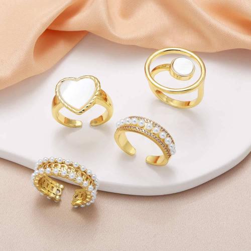 Brass Finger Ring with Shell & Plastic Pearl gold color plated fashion jewelry golden nickel lead & cadmium free Sold By PC