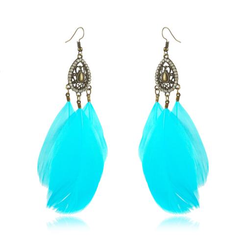 Fashion Feather Earring, Tibetan Style, with Feather, plated, fashion jewelry & for woman & with rhinestone, more colors for choice, Sold By Pair