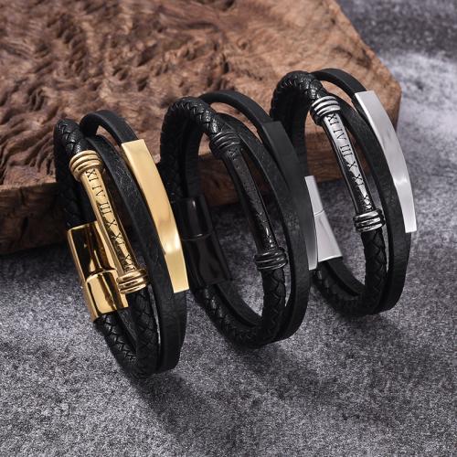 PU Leather Cord Bracelets, 316 Stainless Steel, with PU Leather, Vacuum Ion Plating, three layers & Unisex & different size for choice, more colors for choice, Sold By PC