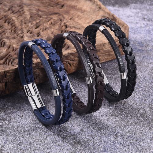 PU Leather Cord Bracelets 316 Stainless Steel with PU Leather Vacuum Ion Plating Double Layer & for man Sold By PC