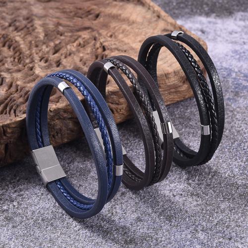 PU Leather Cord Bracelets, 316 Stainless Steel, with Magnet & PU Leather, Vacuum Ion Plating, three layers & different size for choice & for man, more colors for choice, Sold By PC