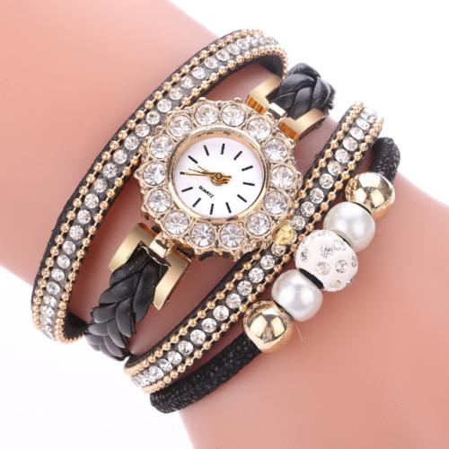 Zinc Alloy Bracelet Set watch & bracelet with PU Leather & Glass & Plastic Pearl plated multilayer & for woman & with rhinestone Length Approx 23.5 cm Sold By Set