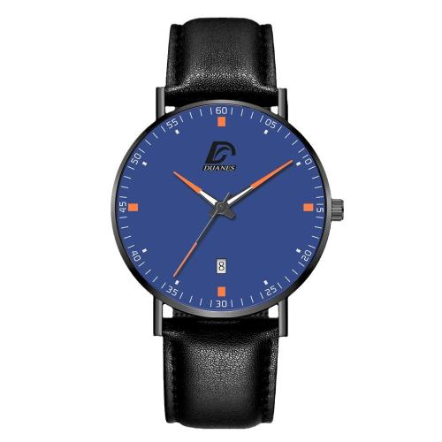 alliage de zinc bracelet de montre, avec cuir PU & pierre gemme & verre & Acier inoxydable 304, Rond, Placage, mouvement chinoise & avec un seul calendrier & styles différents pour le choix & pour homme, bleu, Vendu par PC