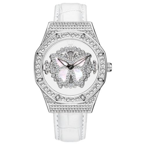 alliage de zinc bracelet de montre, avec cuir PU & verre & Acier inoxydable 304, Placage, Résistant à l’eau de vie & rotatif & styles différents pour le choix & pour femme & avec strass, 230x37.50mm, Vendu par PC