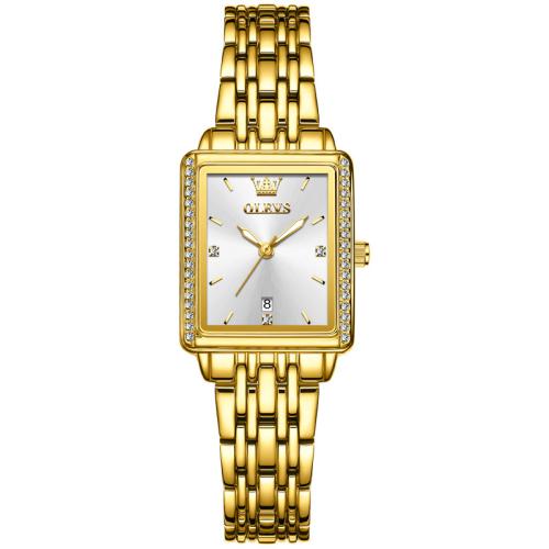 Zinc Alloy Watch Bracelet with Glass & 304 Stainless Steel Rectangle Vacuum Ion Plating Life water resistant & with single calendar & for woman & luminated & with rhinestone Sold By PC