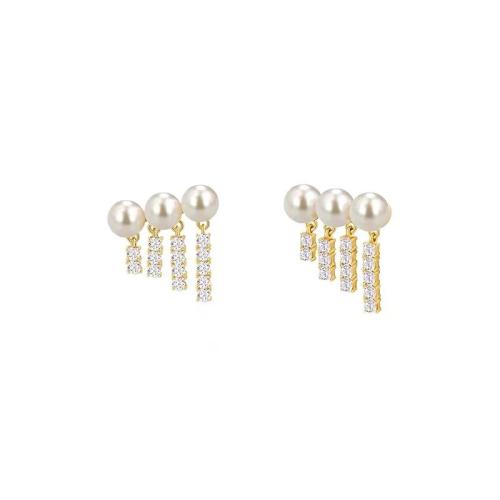 Cubic Zirconia Micro Pave Brass Earring, with Plastic Pearl, fashion jewelry & micro pave cubic zirconia & for woman, golden, 19x15mm, Sold By Pair