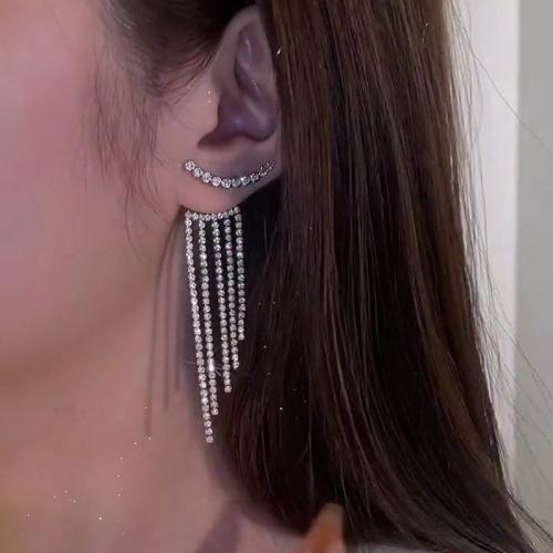 Fashion Fringe Earrings Zinc Alloy fashion jewelry & micro pave cubic zirconia & for woman silver color 67mm Sold By Pair