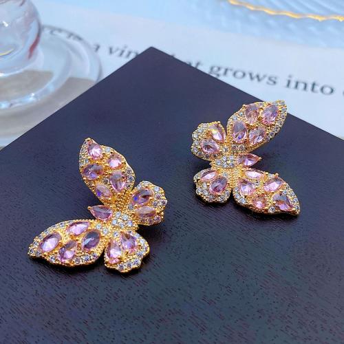 Boucles d'oreilles en laiton zircon cubique pavent, papillon, bijoux de mode & pavé de micro zircon & pour femme, plus de couleurs à choisir, 30x30mm, Vendu par paire