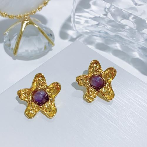 Brass Stud Earring, with Amethyst, Starfish, fashion jewelry & for woman, golden, 25x25mm, Sold By Pair