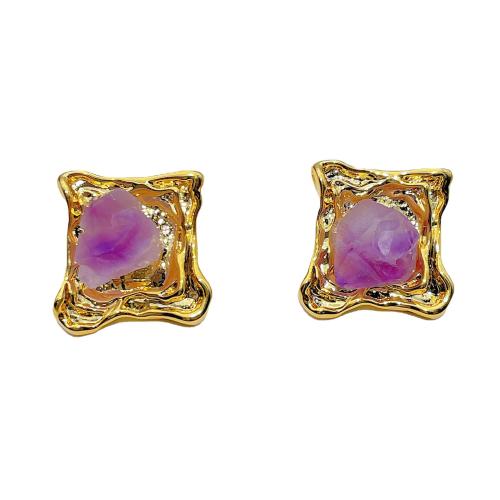 Brass Stud Earring, with Amethyst, fashion jewelry & for woman, golden, 20x20mm, Sold By Pair