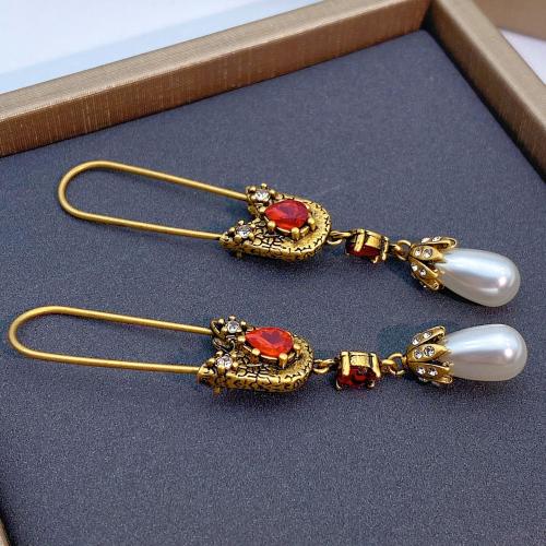 Brass Leverback Earring, with Crystal & Plastic Pearl, fashion jewelry & for woman, more colors for choice, 66x11mm, Sold By Pair