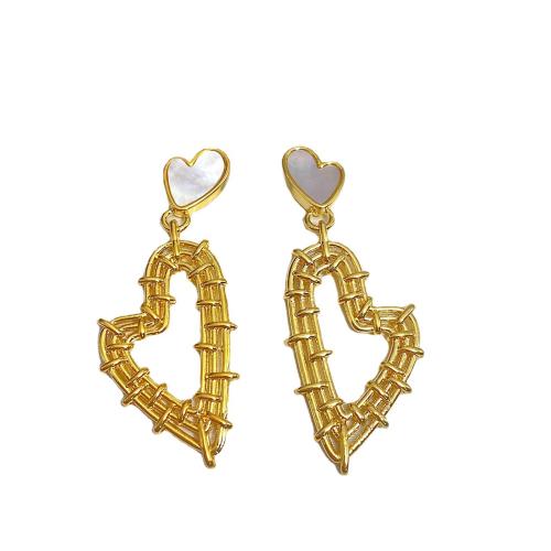 Brass Stud Earring with White Shell Heart fashion jewelry & for woman & hollow golden Sold By Pair