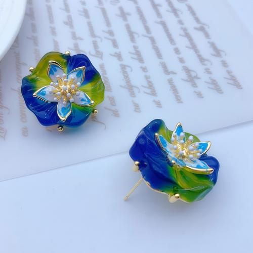 Brass Stud Earring, with Resin, fashion jewelry & for woman, blue, 29x29mm, Sold By Pair