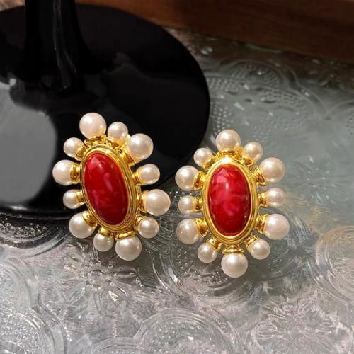 Brass Stud Earring, with Plastic Pearl, fashion jewelry & for woman, red, 28x21mm, Sold By Pair