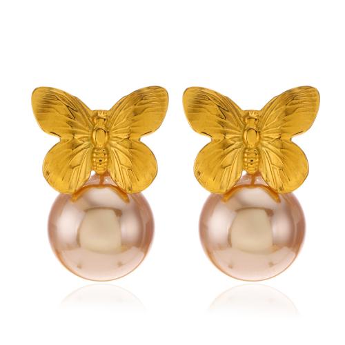 Stainless Steel Stud Earrings, 304 Stainless Steel, with Plastic Pearl, fashion jewelry & for woman, 15x28mm, Sold By Pair