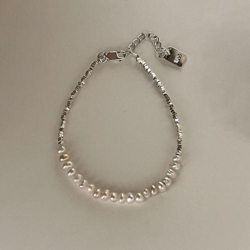 925 Sterling Silver Bangle Bracelet, with Freshwater Pearl, fashion jewelry & for woman, Length:Approx 19 cm, Sold By PC