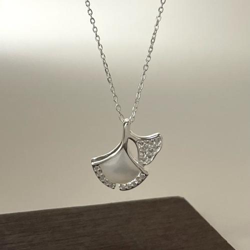 Colliers en argent sterling, Argent sterling 925, avec coquille blanche, Ginkgo Feuille, bijoux de mode & pour femme, Longueur Environ 45 cm, Vendu par PC