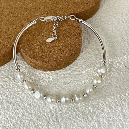 925 Sterling Silver Bangle Bracelet with Freshwater Pearl fashion jewelry & for woman Length Approx 19 cm Sold By PC