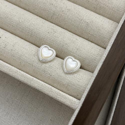 925 Sterling Silver Stud Earrings, with White Shell, Heart, fashion jewelry & for woman, 9.20x9.20mm, Sold By Pair