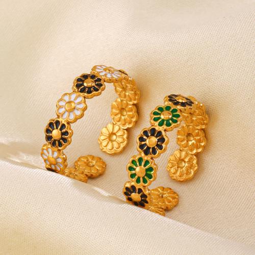 Enamel Stainless Steel Finger Ring 304 Stainless Steel Flower 18K gold plated fashion jewelry & for woman golden Sold By PC