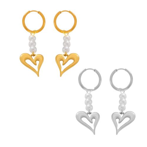 Titanium Steel  Earring, with Plastic Pearl, Heart, fashion jewelry & for woman, more colors for choice, 52x15mm, Sold By Pair