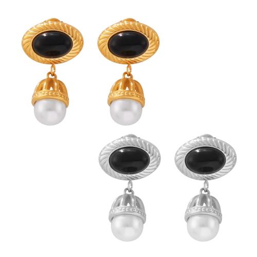 Boucle d'oreille Acier Titane, avec agate noire & perle de plastique, bijoux de mode & pour femme, plus de couleurs à choisir, 33x20mm, Vendu par paire