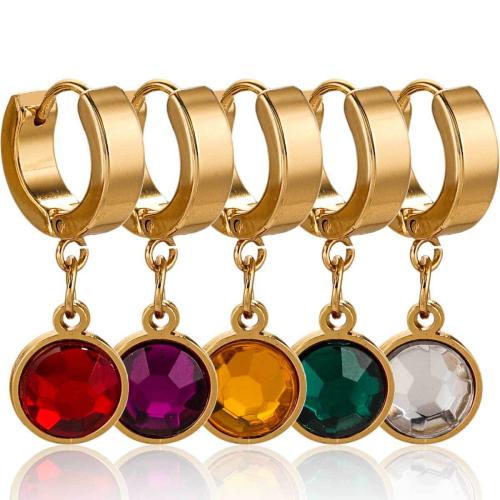 Huggie Hoop Drop Earring, 304 Stainless Steel, Round, gold color plated, for woman & with rhinestone, more colors for choice, Sold By Pair