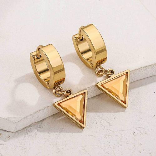 Huggie Hoop Drop Earring, 304 Stainless Steel, Triangle, gold color plated, for woman & with rhinestone, more colors for choice, Sold By Pair