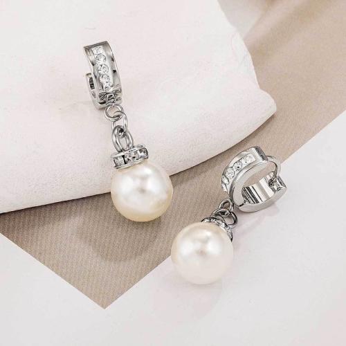 Huggie Hoop Drop Earring 304 Stainless Steel with Plastic Pearl silver color plated & for woman & with rhinestone Sold By Pair