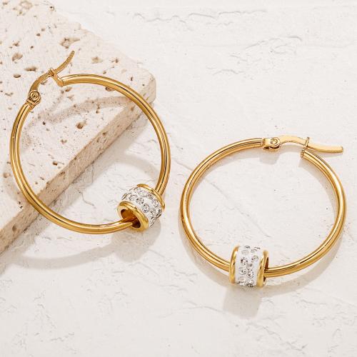 Stainless Steel Hoop Earring, 304 Stainless Steel, gold color plated, different size for choice & for woman & with rhinestone, more colors for choice, Sold By Pair