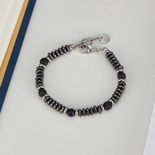 Anklet de acero inoxidable, acero inoxidable 304, con lava & Hematite, con 2.5CM extender cadena, chapado en color de plata, para hombre, Negro, longitud:18 cm, Vendido por UD