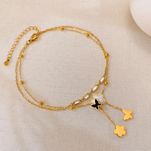 Anklet de acero inoxidable, acero inoxidable 304, con cúbica circonia, con 4.5CM extender cadena, Mariposa, chapado en color dorado, para mujer & esmalte, longitud:22 cm, Vendido por UD