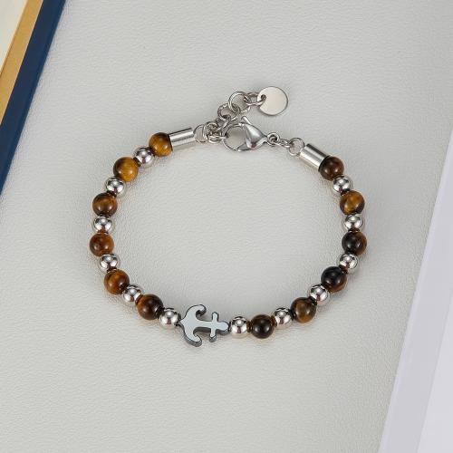 Stainless Steel Jewelry Bracelet, 304 Stainless Steel, with Tiger Eye & Hematite, with 2.5CM extender chain, Anchor, silver color plated, for man, mixed colors, Length:18 cm, Sold By PC